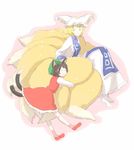  animal_ears blonde_hair brown_hair cat_ears cat_tail chen closed_eyes dress fox_tail hat hay large_tail mokeo multiple_girls multiple_tails pillow_hat shoes short_hair surcoat tabard tail tail_hug tassel touhou white_background white_dress yakumo_ran yellow_eyes 