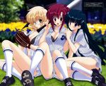  baseball baseball_bat baseball_mitt baseball_uniform blonde_hair blush bra breasts cleavage clothes_writing frown glasses green_hair kanari_chitose kneehighs large_breasts lingerie long_hair mamiya_itsuka mario_kaneda multiple_girls open_clothes open_shirt panties red_hair shirt shoes short_hair shorts sitting smile sneakers socks sportswear text_focus underwear wild_pitch 