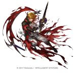  1boy alternate_costume armor black_armor blonde_hair boots copyright_notice eldigan_(fire_emblem) epaulettes fire_emblem fire_emblem:_genealogy_of_the_holy_war fire_emblem_heroes full_body gloves male_focus medium_hair official_art simple_background solo suzuki_rika sword torn_clothes weapon white_background yellow_eyes 