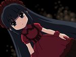  awa bangs black_hair blue_eyes blunt_bangs bonnet bracelet dress dutch_angle frills jewelry kagami_kuro kodomo_no_jikan long_hair looking_at_viewer lowres oekaki puffy_short_sleeves puffy_sleeves red_dress short_sleeves solo very_long_hair 