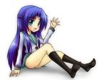  aqua_eyes asakura_ryouko black_legwear chipa_(arutana) feet half_updo kita_high_school_uniform kneehighs long_hair no_shoes open_mouth purple_hair school_uniform serafuku sitting smile solo suzumiya_haruhi_no_yuuutsu waving 