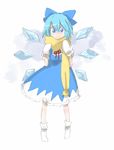  :&gt; blue_eyes blue_hair bow cirno dress full_body hair_bow ice ice_wings looking_at_viewer mittens mokeo scarf socks solo standing touhou wings yellow_scarf 
