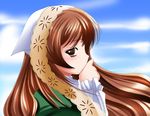  blue_sky blush brown_eyes brown_hair covering_mouth day from_side long_hair looking_at_viewer looking_to_the_side namamo_nanase rozen_maiden sky solo suiseiseki upper_body very_long_hair 