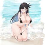  1girl absurdres azur_lane beach bikini black_bikini black_hair bottomless breasts cleavage dupleix_(azur_lane) glasses highres long_hair mole navel purple_eyes semi-rimless_eyewear solo suo_bu_ye_feng swimsuit thighs 