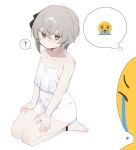  1girl 1other ? breasts brown_eyes chemise covered_navel crying_emoji degrees_of_lewdity emoji grey_hair highres kai_(drakkai10) kneeling looking_at_viewer meme original short_hair shoya_(kai_(drakkai10)) simple_background small_breasts speech_bubble thought_bubble uohhhhhhhhh!_(meme) white_background white_chemise 