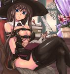  bare_shoulders blue_eyes book breasts brown_hair cleavage crossed_legs gloves hat large_breasts legs long_hair long_legs no_bra original quill satofuji_masato sitting solo thighhighs thighs underboob witch witch_hat 