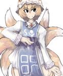  animal_ears artist_request blonde_hair dress fox_tail long_sleeves looking_to_the_side multiple_tails smile solo surcoat tail touhou white_background white_dress yakumo_ran 