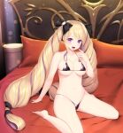  1girl absurdres alternate_breast_size bikini black_bikini black_bow blonde_hair bow breasts cleavage elise_(fire_emblem) fire_emblem fire_emblem_fates hair_bow highres kashiwamochi_yomogi large_variant_set long_hair looking_at_viewer medium_breasts micro_bikini purple_eyes purple_hair second-party_source sideboob sitting smile solo swimsuit twintails underboob variant_set 