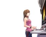  arcade arcade_cabinet beatmania beatmania_iidx belt bemani blonde_hair bracelet brown_eyes brown_hair casual choker collar computer cowboy_shot denim hidari_(left_side) hyper_boundary_gate jeans jewelry pants phonograph playing_games solo speaker tank_top turntable video_game wallpaper white_background 