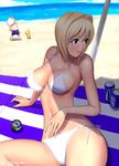  1girl bikini blonde_hair blue_eyes curvy day original ryu_(ryu's_former_site) side-tie_bikini smile solo_focus string_bikini swimsuit wide_hips 