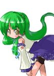  chibi detached_sleeves frog_hair_ornament green_hair hair_ornament kochiya_sanae leaning_forward long_hair simple_background solo star star-shaped_pupils symbol-shaped_pupils tao_(kadoya) touhou white_background 