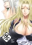  1girl bleach blonde_hair breasts cleavage closed_eyes covered_nipples hitsugaya_toushirou huge_breasts long_hair matsumoto_rangiku mole mole_under_mouth white_hair 