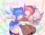  ^_^ animal_ears arm_up bird_ears bird_wings blue_bow blue_dress blue_eyes blue_hair bow brown_hat brown_skirt cirno closed_eyes confetti des dress fang fingernails hair_bow hand_on_another's_hip hat hug ice ice_wings long_fingernails multiple_girls mystia_lorelei neck_ribbon one_eye_closed open_mouth pink_hair red_ribbon ribbon short_hair skirt skirt_set touhou translation_request winged_hat wings 