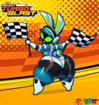 absurd_res anthro armor artist_name big_butt bikini blush breasts butt clothed clothing electronics english_text female flag flag_(object) flag_bikini green_blush green_eyes green_inner_ear green_mouth headgear headphones headset headset_microphone helmet hi_res holding_flag holding_object huge_butt lagomorph leofel_barraund leporid logo long_ears looking_at_viewer looking_back looking_back_at_viewer machine mammal project_turboblast rabbit rear_view robot screen screen_face short_stack side_boob small_waist solo swimwear tempo_(project_turboblast) text thick_thighs tisinrei two-piece_swimsuit watermark white_ears