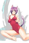  animal_ears blush breasts casual_one-piece_swimsuit cat_ears cat_tail green_eyes large_breasts one-piece_swimsuit original purple_hair red_swimsuit sanae_(satansanae) solo swimsuit tail 