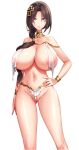  1girl :o absurdres akagi_rio areola_slip arm_at_side ass_visible_through_thighs bikini blue_eyes breast_curtains breasts brown_hair cleavage collar covered_nipples cross_hair_ornament elizabeth_mysterante game_cg gold_trim hair_ornament hair_over_shoulder hand_on_own_hip highres huge_breasts long_hair looking_at_viewer low-tied_long_hair metal_collar metal_wrist_cuffs milk_factory mole mole_under_mouth motto!_haramase!_honoo_no_oppai_isekai_oppai_maid_gakuen! navel non-web_source parted_bangs ponytail solo swimsuit thong 