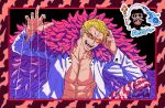  2boys :d abs blonde_hair border chibi chibi_inset coat coat_on_shoulders collarbone commentary_request donquixote_doflamingo earrings feather_coat gold_earrings hands_up highres jewelry long_sleeves looking_at_viewer male_focus multiple_boys one_piece open_clothes open_mouth open_shirt orange-tinted_eyewear pants pectorals pink_coat red_border shirt short_hair smile solo_focus sunglasses teeth tinted_eyewear trebol upper_body white-framed_eyewear white_shirt yakumo_(ykm) 