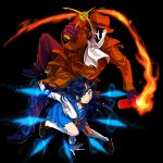  1boy 1girl aiming_up asakura_ryoko ascot black_background blue_hair coat crossover dynamic_pose energy fedora fire grappling_hook hase_fuuko hat looking_at_viewer looking_up m.u.g.e.n mask pants rorschach school_uniform smile spray_can striped_clothes striped_pants suzumiya_haruhi_no_yuuutsu trench_coat watchmen 