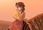  aki_minoriko blush brown_eyes brown_hair dress evening field from_behind long_sleeves looking_at_viewer looking_back nanami_sano orange_sky sky solo sunset touhou wheat_field wide_sleeves yellow_dress 