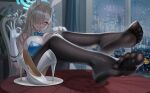  1girl absurdres animal_ears aqua_leotard asuna_(blue_archive) asuna_(bunny)_(blue_archive) black_pantyhose blue_archive blue_bow blue_bowtie blue_eyes blue_halo blue_leotard blue_ribbon bow bowtie breasts cang_se_ye_hua dorsiflexion fake_animal_ears feet feet_on_table foot_focus gloves hair_over_one_eye halo high_heels highres large_variant_set legs leotard long_hair looking_at_viewer no_shoes pantyhose playboy_bunny rabbit_ears ribbon shoes smile soles stiletto_heels strapless strapless_leotard table thighband_pantyhose toe_seam toes unworn_shoes variant_set white_gloves 