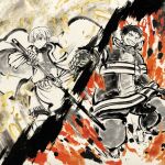  2boys age_difference armor brothers cape cloak commentary_request en&#039;en_no_shouboutai feathers fire firefighter firefighter_jacket holding holding_sword holding_weapon jacket katana merchandise_available multiple_boys official_art promotional_art shinra_kusakabe shou_kusakabe siblings sword traditional_media weapon white_cloak white_hair 