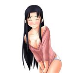  bare_shoulders black_hair blush breasts cleavage hosokawa_kanako large_breasts light_smile long_hair lowres maria-sama_ga_miteru no_pants off_shoulder panties shirt_tug smile solo toshifumi underwear v_arms 