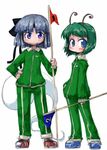  antennae blue_eyes bow clothes_writing flag green_eyes hair_bow konpaku_youmu konpaku_youmu_(ghost) multiple_girls numbered_flag silver_hair sports_festival tao_(kadoya) touhou track_suit wriggle_nightbug 