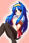  arcana_heart blue_hair blush breasts covered_nipples hairband johnny_(from_scratch) large_breasts long_hair misono_gakuen_school_uniform no_bra open_clothes open_shirt pantyhose red_eyes shirt sitting solo sweat tsuzura_saki very_long_hair 