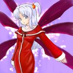  :o artist_request blush capelet cowboy_shot dress frills lavender_eyes long_hair looking_at_viewer parted_lips purple_wings red_capelet red_dress shinki silver_hair solo standing touhou wings 