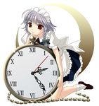  analog_clock clock grey_hair izayoi_sakuya kneeling maid maid_headdress natsukawa_sarasa oversized_object pocket_watch red_eyes roman_numerals short_hair solo touhou watch 