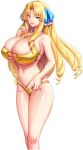  1girl absurdres akagi_rio bikini blue_ribbon breasts chain cleavage drill_hair drill_sidelocks game_cg gold_bikini gold_chain hair_ribbon highres huge_breasts jewelry laurecia_le_blanchette long_hair long_sidelocks looking_at_viewer milk_factory motto!_haramase!_honoo_no_oppai_isekai_oppai_maid_gakuen! navel non-web_source official_art open_mouth ribbon ring sidelocks skindentation smile solo swimsuit transparent_background wedding_ring yellow_eyes 