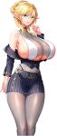  1girl absurdres akagi_rio arm_at_side arm_up blonde_hair blue_eyes blue_jacket blue_skirt breasts cleavage closed_mouth clothing_cutout earrings elf folded_ponytail game_cg grey_pantyhose highres huge_breasts jacket jewelry long_hair long_pointy_ears long_sleeves looking_at_viewer milk_factory motto!_haramase!_honoo_no_oppai_isekai_oppai_maid_gakuen! non-web_source nunnun_lafleur off-shoulder_jacket off_shoulder pantyhose pencil_skirt pointy_ears see-through_clothes see-through_shirt shirt sideboob skindentation skirt solo striped_clothes striped_jacket striped_skirt underboob underboob_cutout vertical-striped_clothes vertical-striped_jacket white_shirt 