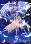  2000 angel_wings armor armored_dress blue blue_background boots braid copyright_name feathers fujimiya_misuzu gauntlets head_wings helmet lenneth_valkyrie long_hair purple_eyes silver_hair single_braid solo sword thigh_boots thighhighs valkyrie_profile weapon wings 