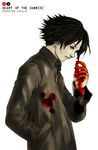  black_hair blood bloody_clothes bloody_hands coat copyright_request earrings hand_in_pocket jewelry koba-b male_focus pale_skin simple_background solo 