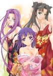  aqua_eyes bare_shoulders breasts cleavage fate/stay_night fate_(series) glasses hair_ribbon hand_on_own_face japanese_clothes kimono large_breasts long_hair looking_at_viewer matou_sakura multiple_girls parted_lips purple_eyes purple_hair q-gaku ribbon rider toosaka_rin two_side_up very_long_hair 