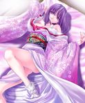  areolae bed bracelet fate/stay_night fate_(series) fingernails flower hair_in_mouth japanese_clothes jewelry kimono leg_up legs long_fingernails long_hair lying matou_sakura nail_polish no_bra off_shoulder on_back outstretched_arms panties pink_nails purple_eyes purple_hair q-gaku socks solo spread_arms spread_legs tabi underwear 