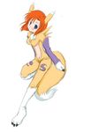  animal_ears artist_request blue_eyes blush claws cosplay digimon digimon_tamers higurashi_no_naku_koro_ni namesake navel orange_hair paws pun renamon renamon_(cosplay) ryuuguu_rena short_hair solo tail 