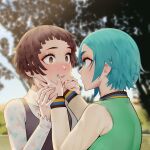  2girls @_@ absurdres black_dress blue_hair blue_nails blurry blurry_background blush brown_eyes brown_hair commentary commission day dress english_commentary eye_contact green_eyes green_vest hands_on_another's_face highres holding_another's_wrist long_sleeves looking_at_another monogatari_(series) multiple_girls nademonogatari ononoki_yotsugi outdoors parted_lips piancaesar pinafore_dress sengoku_nadeko shirt short_hair sleeveless sleeveless_dress tree upper_body vest white_shirt yuri 