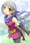  :d bare_shoulders black_gloves black_legwear blue_scarf dress earth_ekami elbow_gloves fire_emblem fire_emblem:_akatsuki_no_megami gloves hair_ribbon half_updo long_hair micaiah open_mouth pantyhose ribbon scarf silver_hair sleeveless sleeveless_dress smile solo yellow_eyes 