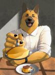 anthro black_nose canid canine canis claws clock clothing collared_shirt domestic_dog dress_shirt eyes_closed feeding finger_claws fur german_shepherd herding_dog hi_res kemono looking_at_another looking_at_viewer male mammal multicolored_body multicolored_fur nagick_18 pastoral_dog shaded shadow shirt smile smiling_at_another smiling_at_partner smiling_at_viewer solo tan_body tan_fur topwear two_tone_body two_tone_fur watch wristwatch