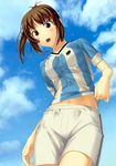  2006_fifa_world_cup argentina brown_eyes brown_hair kimi_kiss midriff navel sakino_asuka shorts soccer solo tanaka_shoutarou world_cup 