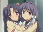  animated animated_gif blush clannad fujibayashi_kyou hair_bobbles hair_ornament hikarizaka_private_high_school_uniform hug ichinose_kotomi long_hair lowres multiple_girls purple_eyes school_uniform screencap smirk tears two_side_up 