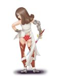  beatrix_(ff9) brown_hair dress embarrassed final_fantasy final_fantasy_ix frilled_panties frills from_behind gauntlets heart heart_panties heart_print holding holding_sword holding_weapon koryusakurada leggings non-web_source panties print_panties red_panties sword torn_clothes torn_dress underwear weapon 