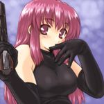  bare_shoulders copyright_request dd_(ijigendd) gloves gun handgun m1911 pink_eyes pink_hair pistol solo weapon 