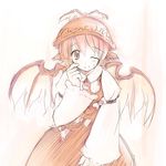  animal_ears hat monochrome mystia_lorelei one_eye_closed orange_(color) short_hair sketch smile solo sweatdrop touhou wings yukitarou_(awamori) 