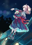  alice_margatroid ankle_boots blonde_hair boots capelet closed_eyes doll duplicate dutch_angle floating_hair hairband holding kusanagi_kikoku night night_sky outdoors outstretched_arm ribbon rooftop shanghai_doll skirt sky solo touhou wind 