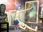  abstract apron artist_request ayanami_raising_project ayanami_rei barefoot blue_hair denim denim_shorts jpeg_artifacts neon_genesis_evangelion paint red_eyes shorts solo 