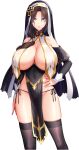  1girl :o absurdres akagi_rio arm_at_side black_panties black_thighhighs blue_eyes breast_curtains breasts brown_hair cleavage coif collar covered_navel cross_hair_ornament detached_sleeves elizabeth_mysterante game_cg hair_ornament hair_over_shoulder hand_on_own_hip highres huge_breasts long_hair looking_at_viewer low-tied_long_hair metal_collar milk_factory mole mole_under_eye motto!_haramase!_honoo_no_oppai_isekai_oppai_maid_gakuen! non-web_source nun panties parted_bangs pelvic_curtain ponytail side-tie_panties skindentation solo thighhighs underwear 