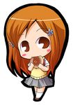  backpack bag bleach blush_stickers brown_eyes chibi eating food grey_skirt hair_ornament hairclip inoue_orihime long_hair lowres orange_hair school_uniform short_sleeves skirt solo student sweater_vest uniform 