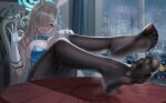  1girl absurdres animal_ears aqua_leotard asuna_(blue_archive) asuna_(bunny)_(blue_archive) black_pantyhose blue_archive blue_bow blue_bowtie blue_eyes blue_halo blue_leotard blue_ribbon bow bowtie breasts cang_se_ye_hua dorsiflexion fake_animal_ears feet feet_on_table foot_focus gloves hair_over_one_eye halo highres large_variant_set legs leotard long_hair looking_at_viewer no_shoes pantyhose playboy_bunny rabbit_ears ribbon smell smile soles steaming_body strapless strapless_leotard table thighband_pantyhose toe_seam toes variant_set white_gloves 